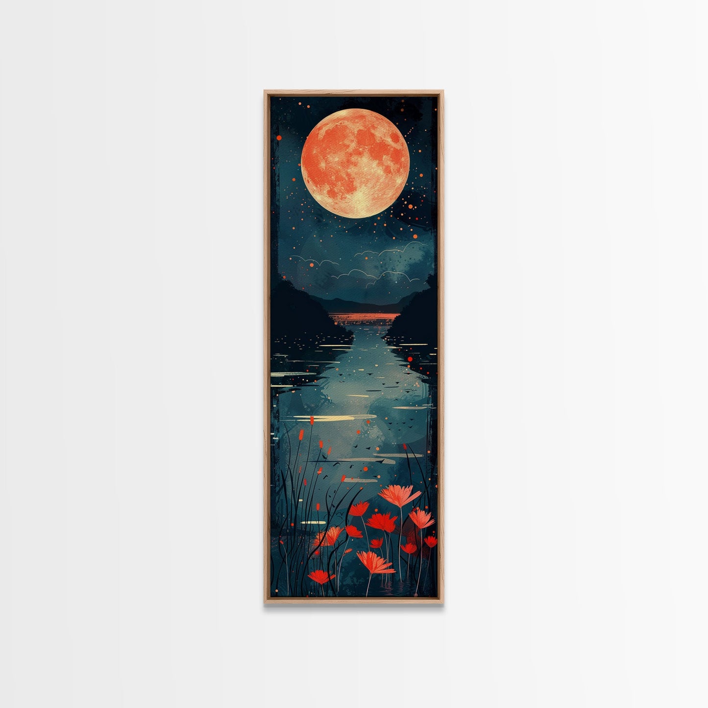 Skinny Art Full Moon Over Lake In Japanese Style Wood Block Print Vibrant Night Scene On Framed Canvas Print, Tall Art Ukiyo-e