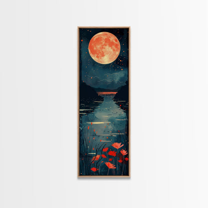 Skinny Art Full Moon Over Lake In Japanese Style Wood Block Print Vibrant Night Scene On Framed Canvas Print, Tall Art Ukiyo-e