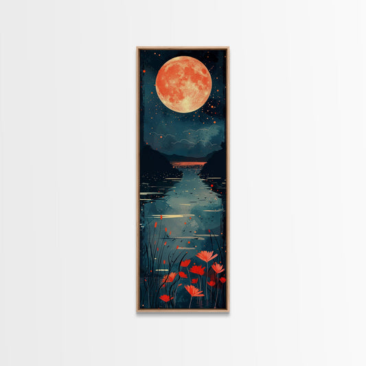Skinny Art Full Moon Over Lake In Japanese Style Wood Block Print Vibrant Night Scene On Framed Canvas Print, Tall Art Ukiyo-e
