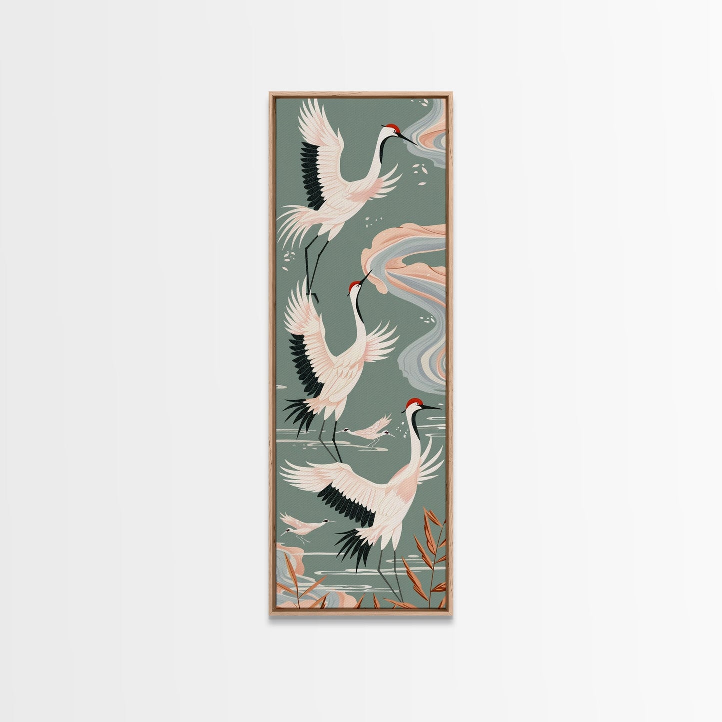 Cranes In Flight Framed Canvas Print, Traditional Japanese Art With Soft Colors And Detailed Wings, Wall Art Ready To Hang