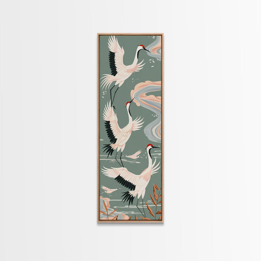 Cranes In Flight Framed Canvas Print, Traditional Japanese Art With Soft Colors And Detailed Wings, Wall Art Ready To Hang