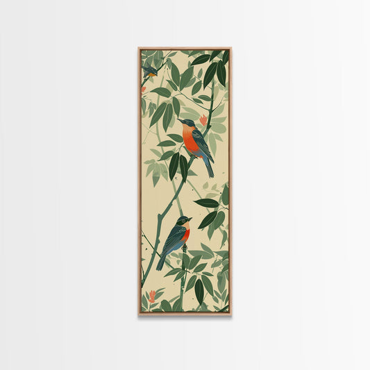 Skinny Art Tall Art Framed Canvas Print Birds Amongst Dense Greenery And Red Flowers Ukiyo-e Japanese Style Art Wood Block Print