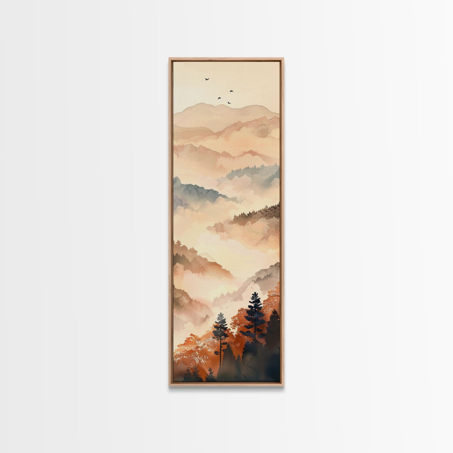 Skinny Art Tall Art Framed Canvas Print Layers Of Misty Mountains In Soft Warm Hues Ukiyo-e Japanese Style Art Wood Block Print