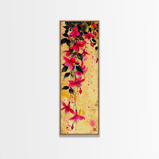 Skinny Art Tall Art Framed Canvas Print Bold Fuchsia Flowers In Dynamic Composition Over A Vibrant Yellow Background Ukiyo-e Japanese Style Art