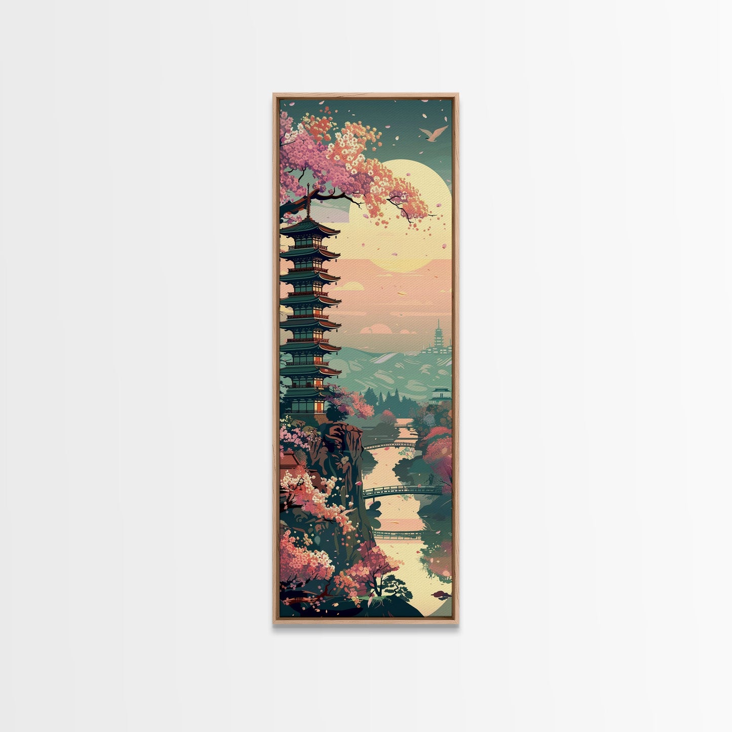 Japanese Pagoda Among Sakura Trees Under Yellow Moon Tall Art Skinny Art Framed Canvas Print Japanese Style Art Ukiyo-e Wood Block Print