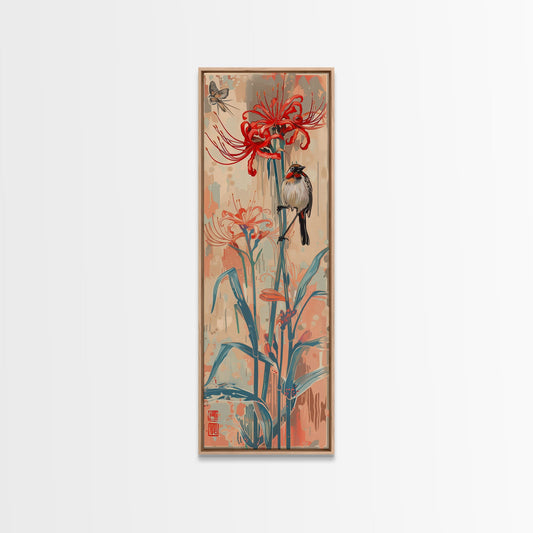 Bird Perched On Bright Red Lily Flower Skinny Art Tall Art Framed Canvas Print Japanese Style Art Ukiyo-e Art Wood Block Print Floral Detailed