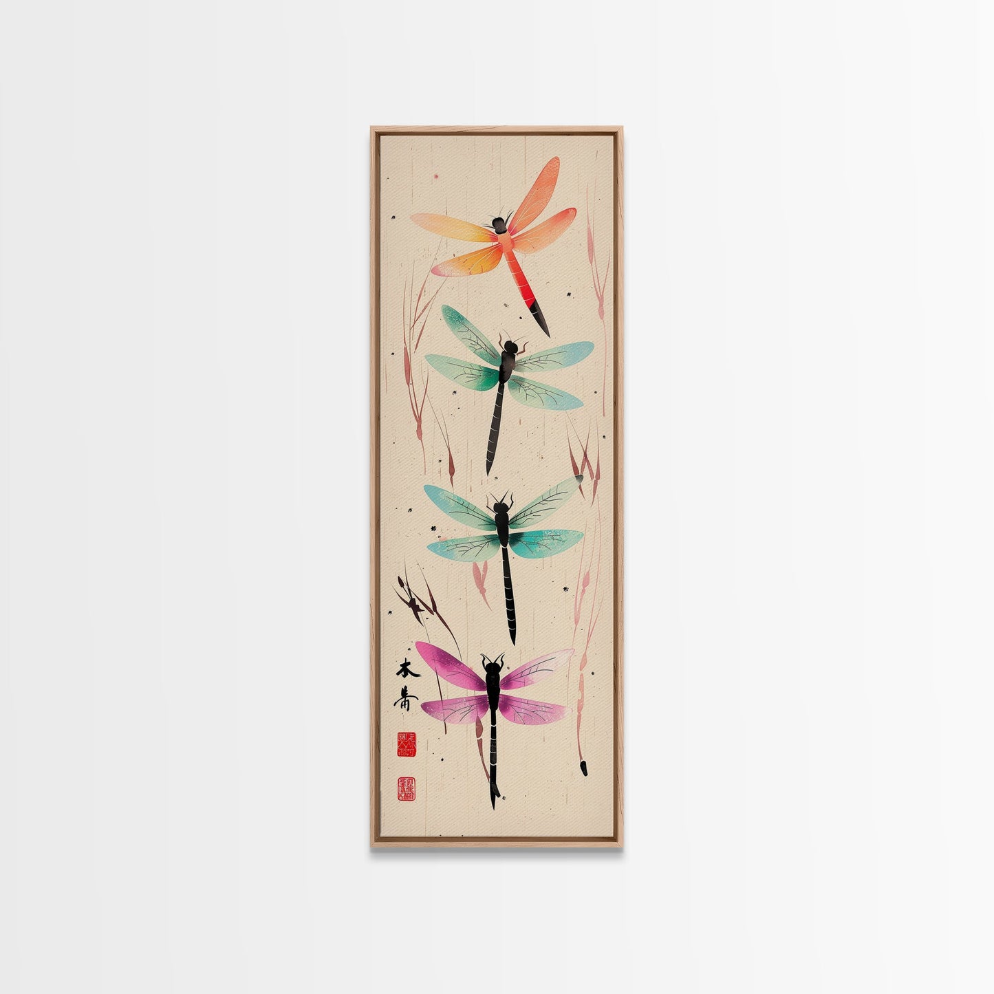 Dragonflies In Flight With Delicate Details Japanese Style Framed Canvas Print, Wall Art Ready To Hang For Nature Lovers