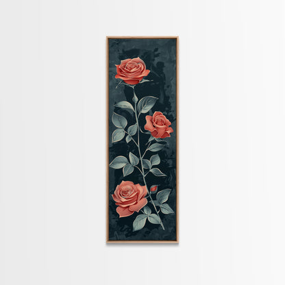 Deep Red Roses With Dark Green Foliage Skinny Art Tall Art Framed Canvas Print Japanese Style Art Ukiyo-e Art Wood Block Print Elegant Floral