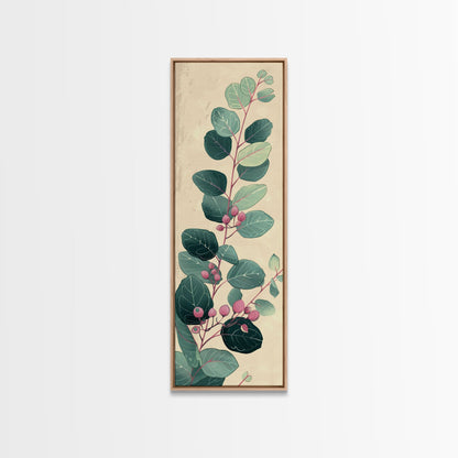 Delicate Green Leaves And Pink Buds On A Branch Against A Textured Background, Skinny Art Tall Wall Art Framed Canvas Print Japanese Style Art