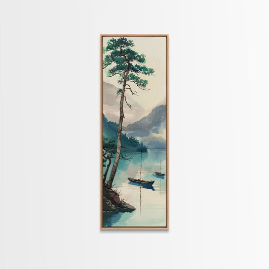 Framed Canvas Print Serene Lake Scene With Tall Pine Tree And Sailboats, Vintage Asian Landscape Art For Home Decor, Wall Decoration