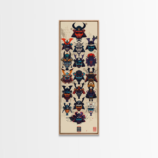Canvas Print Traditional Japanese Samurai Helmets Collection, Intricate Details In Warrior Masks, Bold Cultural Decor For Any Space