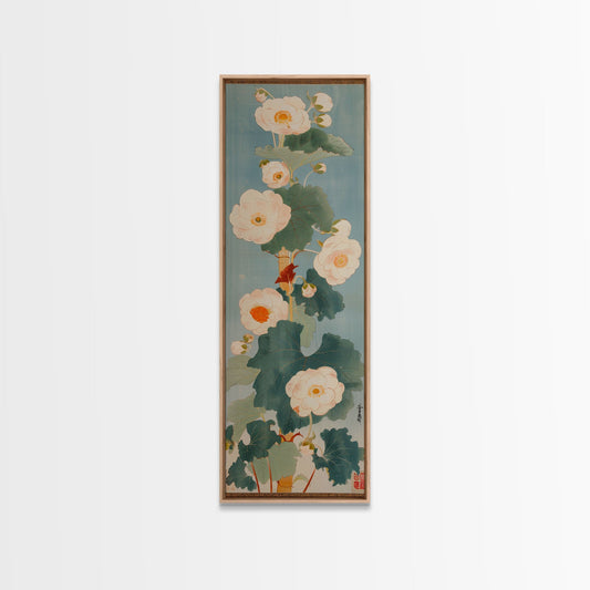 Tall White Blooms with Large Leaves on Blue Background, Framed Canvas Print in Japanese Art Style