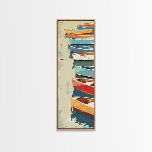 Row of Colorful Boats on Calm Water, Tall Skinny Framed Canvas Print for Nautical-Themed Wall Decor
