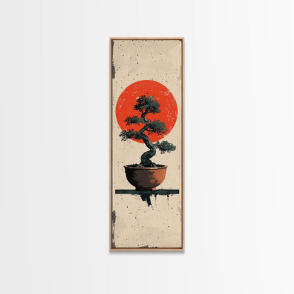 Canvas Print Bonsai Tree Silhouette Against Red Sun, Minimalistic Japanese Style Art For Modern Home, Wall Decoration