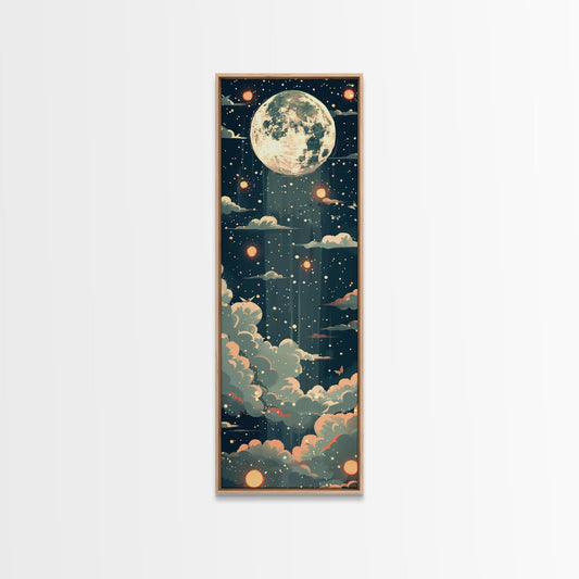 Moonlit Night With Japanese Lanterns Art On Framed Canvas Print In Ukiyo-e Style Tall Skinny Ethereal Wood Block Wall Decor