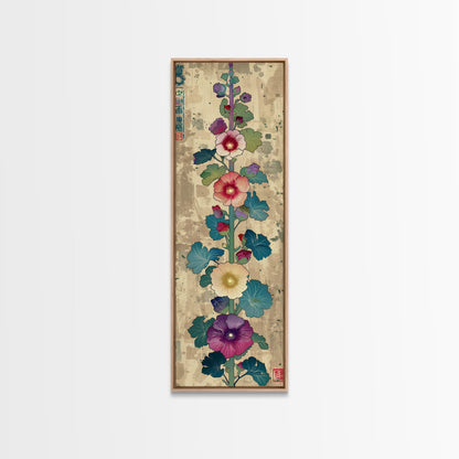 Colorful Hollyhock Flowers Traditional Japanese Woodblock Style Tall Skinny Framed Canvas Print Wall Art