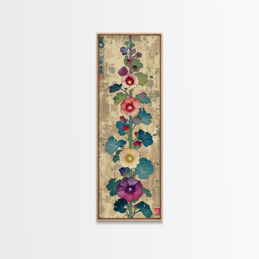 Colorful Hollyhock Flowers Traditional Japanese Woodblock Style Tall Skinny Framed Canvas Print Wall Art