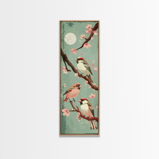 Delicate Sparrows Perched On Cherry Blossoms Under Full Moon Serene Nighttime Setting Captured Tall Framed Canvas Print Nature Scene