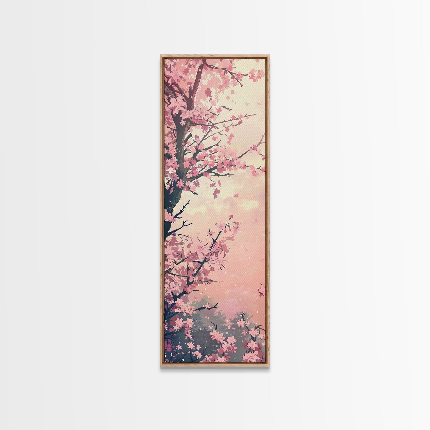 Beautiful Cherry Blossoms Blooming On Tree Branch Against Soft Pastel Background Captured Tall Framed Canvas Print Floral Home Decor