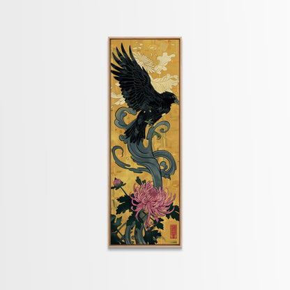 Canvas Print Japanese Eagle In Flight Over Chrysanthemum Flowers, Bold Traditional Art For Statement Wall Piece, Cultural Home Decor