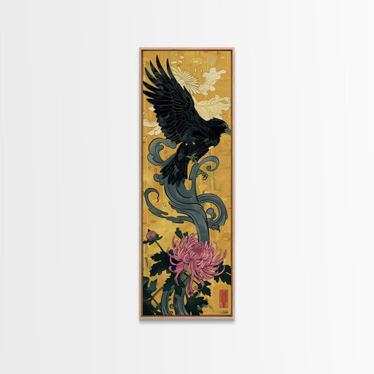 Canvas Print Japanese Eagle In Flight Over Chrysanthemum Flowers, Bold Traditional Art For Statement Wall Piece, Cultural Home Decor
