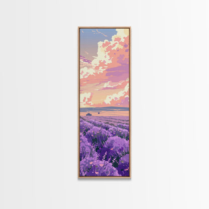 Expansive Lavender Field Beneath a Dramatic Cloudy Sky in Warm Pastel Hues Ukiyo-e Art Japanese Framed Canvas Print Skinny Tall Art