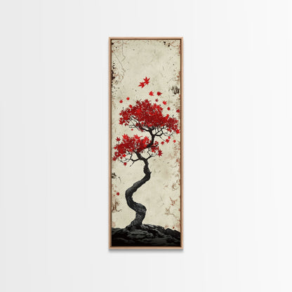 Red Maple Bonsai Tree Japanese Art Skinny Wall Art Framed Canvas Print with Windswept Branches and Red Leaves