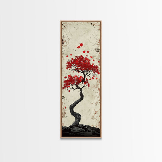 Red Maple Bonsai Tree Japanese Art Skinny Wall Art Framed Canvas Print with Windswept Branches and Red Leaves