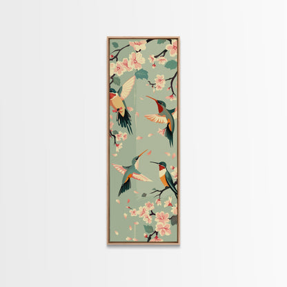 Hummingbirds And Cherry Blossoms In Japanese Style Canvas, Ukiyo-e Inspired Woodblock Art, Framed Canvas Print, Japanese Tall Skinny Wall Art, Ready To Hang