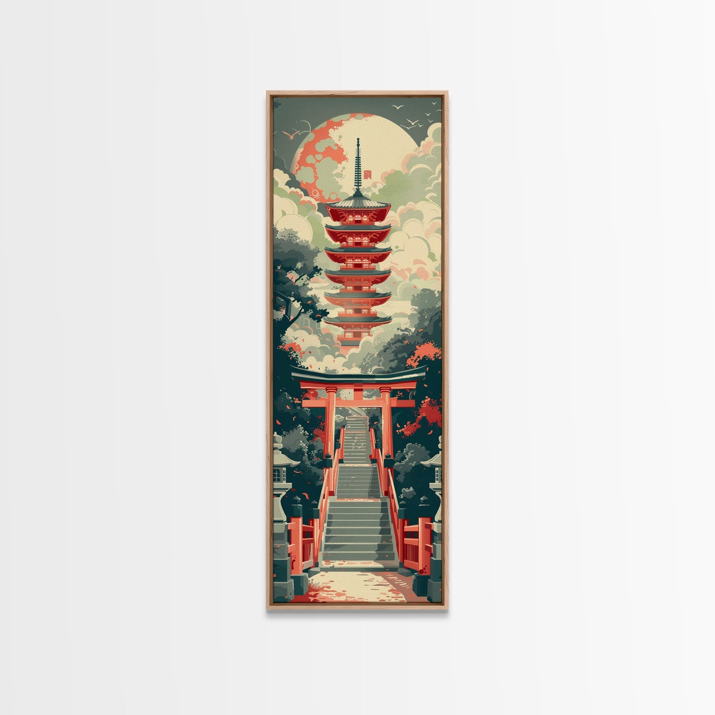 Japanese Style Art, Tall Art, Skinny Art, Pagoda Temple Wood Block Print Framed Canvas Print Ukiyo-e Art