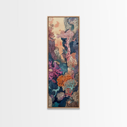 Framed Canvas Print Of A Coral Reef Scene Filled With Vibrant Marine Life, Skinny Art, Tall Art, Japanese Style Art, Ukiyo-e Art, Wood Block Print