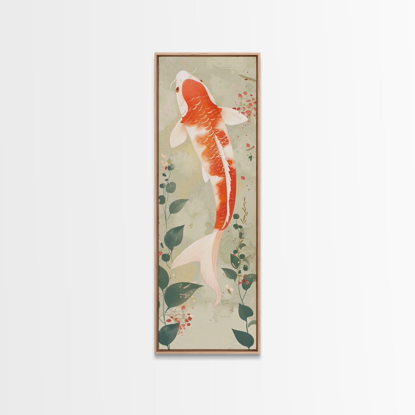 Koi Fish Swimming Gracefully Among Greenery Tall Art Ukiyo-e Art Framed Canvas Print