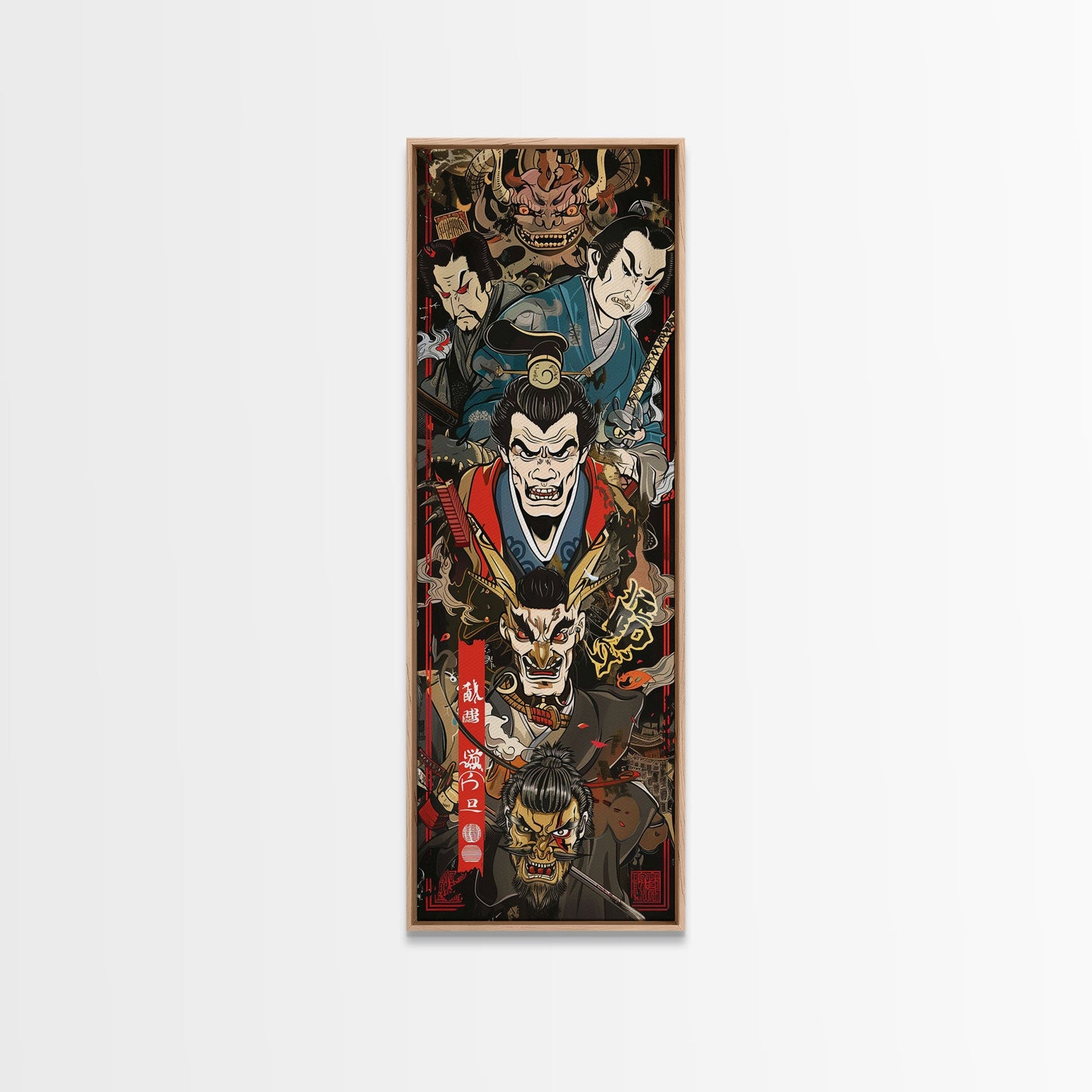 Fierce Samurai Warriors With Oni Mask Tall Art Ukiyo-e Art Wood Block Print Framed Canvas Print