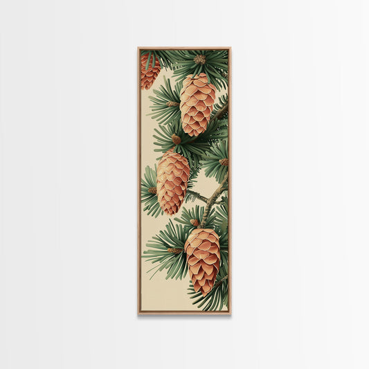 Pinecones And Green Pine Needles Detailed Wood Block Print Skinny Art Framed Canvas Print