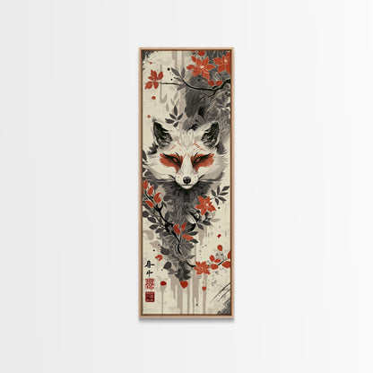 Fox Head Amidst Red Flowers On Textured Background Skinny Art Wood Block Print Framed Canvas Print
