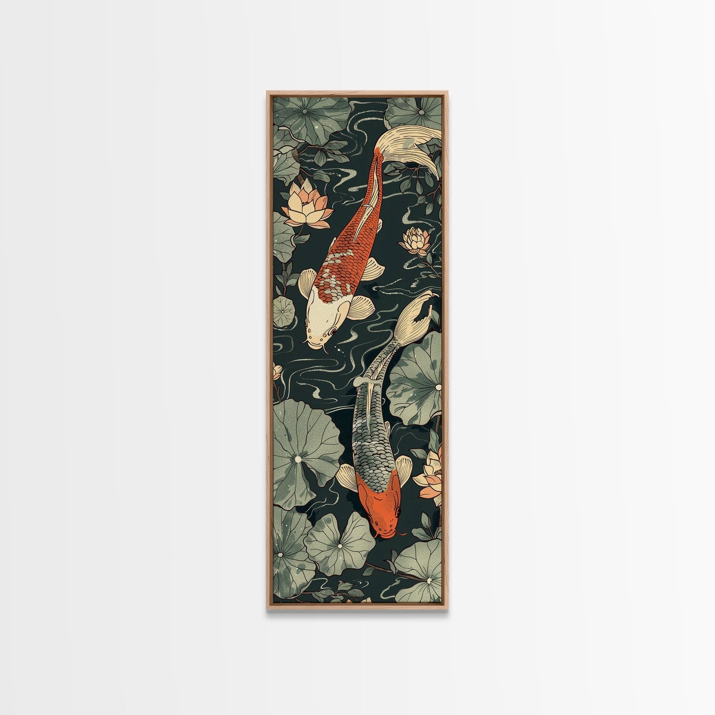 Koi Fish Swimming Gracefully Among Lotus Flowers – Framed Canvas Print Highlighting Skinny Art And Tall Art In Ukiyo-E Art And Japanese Style Art
