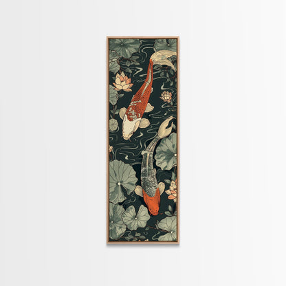 Koi Fish Swimming Gracefully Among Lotus Flowers – Framed Canvas Print Highlighting Skinny Art And Tall Art In Ukiyo-E Art And Japanese Style Art
