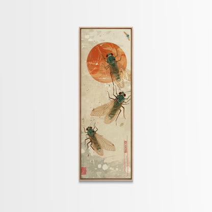 Detailed Depiction Of Cicadas Against Warm Sunset Background Ukiyo-e Skinny Tall Wood Block Framed Canvas Print Japanese Style Art