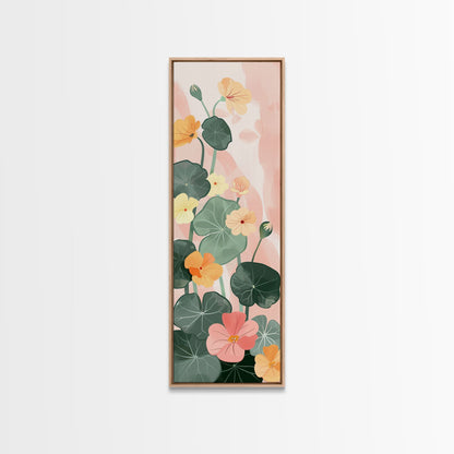 Bright And Colorful Nasturtium Flowers Ukiyo-e Style Tall Skinny Wood Block Japanese Art Framed Canvas Print