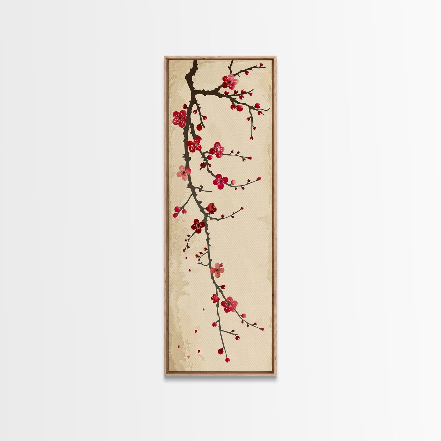Minimalist Branch Of Red Cherry Blossoms Against Beige Background For Asian-Inspired Wall Art Decor Framed Canvas Print