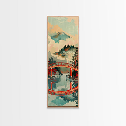 Atemberaubendes Motiv des Berges Fuji mit Spiegelung der roten Brücke, schmaler, hoher Leinwanddruck mit Rahmen, japanisches Wandbild im Feng-Shui-Stil