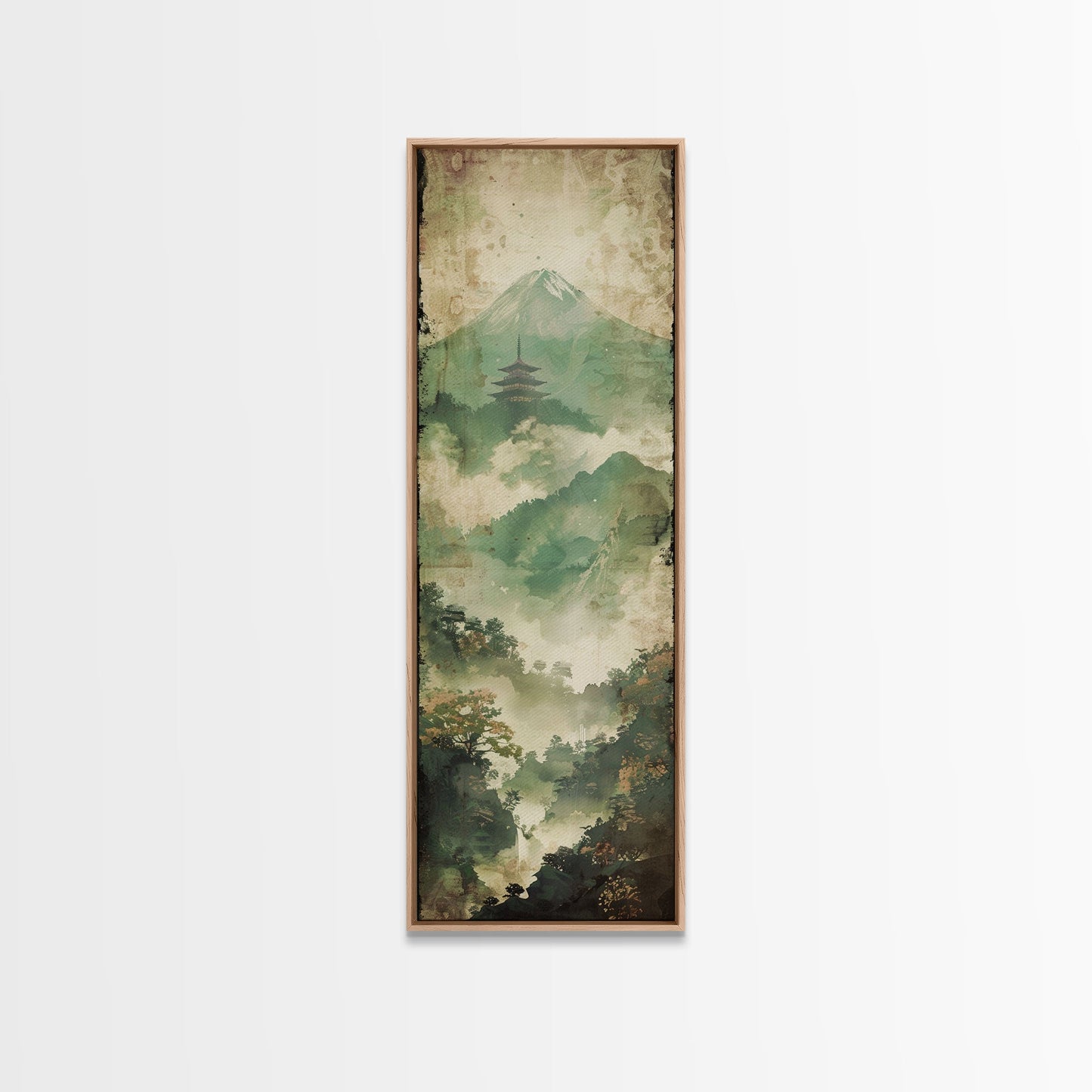 Skinny Art Tall Art Framed Canvas Print Japanese Style Art Foggy Mountain Temple Landscape Wood Block Print Ukiyo-e Feng Shui Wall Art