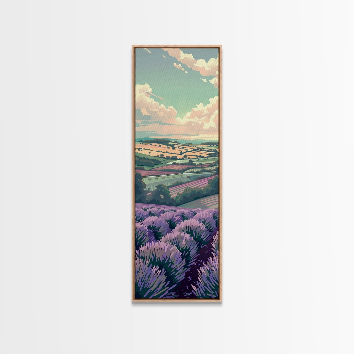 Lavender Fields With Rolling Hills - Skinny Art Tall Art Framed Canvas Print Japanese Style Art Ukiyo-e Art