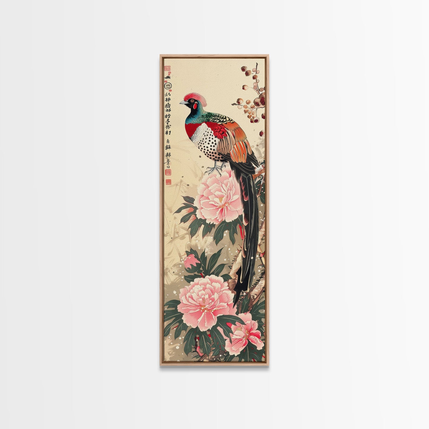 Majestic Pheasant Among Blossoms And Red Berries In Traditional Ukiyo-e Art Framed Canvas Print Japanese Style Skinny Art Tall Art