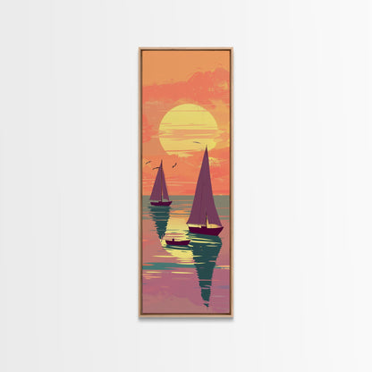 Sailing Boats In The Sunset Over Serene Waters In Japanese Style Ukiyo-e Art Framed Canvas Print Skinny Art Tall Art