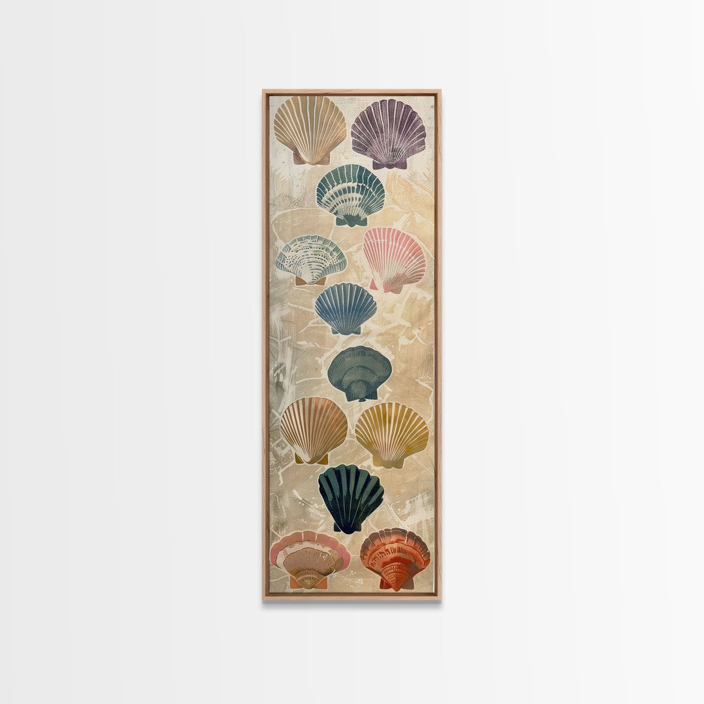 Colorful Shells On Textured Background Skinny Art Wood Block Print Japanese Style Art Framed Canvas Print Tall Art Ukiyo-e Art