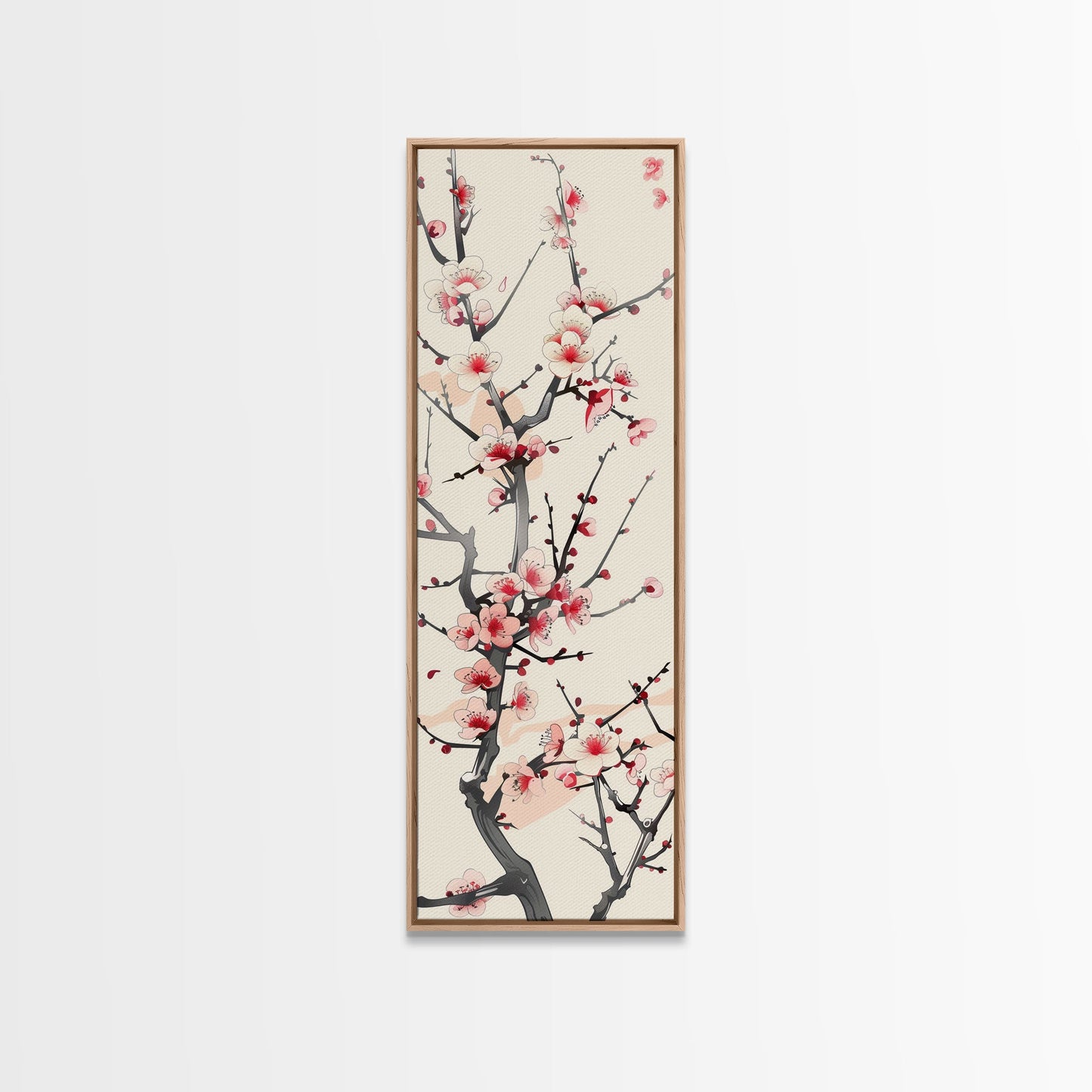 Delicate Plum Blossoms Skinny Art Tall Art Japanese Ukiyo-e Inspired Botanical Framed Canvas Print for Sophisticated Interiors