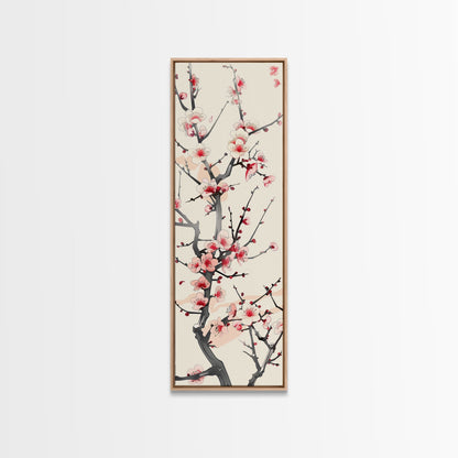 Delicate Plum Blossoms Skinny Art Tall Art Japanese Ukiyo-e Inspired Botanical Framed Canvas Print for Sophisticated Interiors