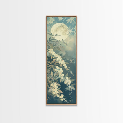 Delicate White Flowers and Full Moon in a Tranquil Night Setting - Skinny Art, Japanese Wall Decor, Framed Canvas Print, Ukiyo-e Style
