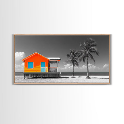 Bright Beach House Framed Canvas Print | Coastal Landscape Art | Nautical Wall Art | Coastal Decor | Extra Wide Art | Tropical Beach Art